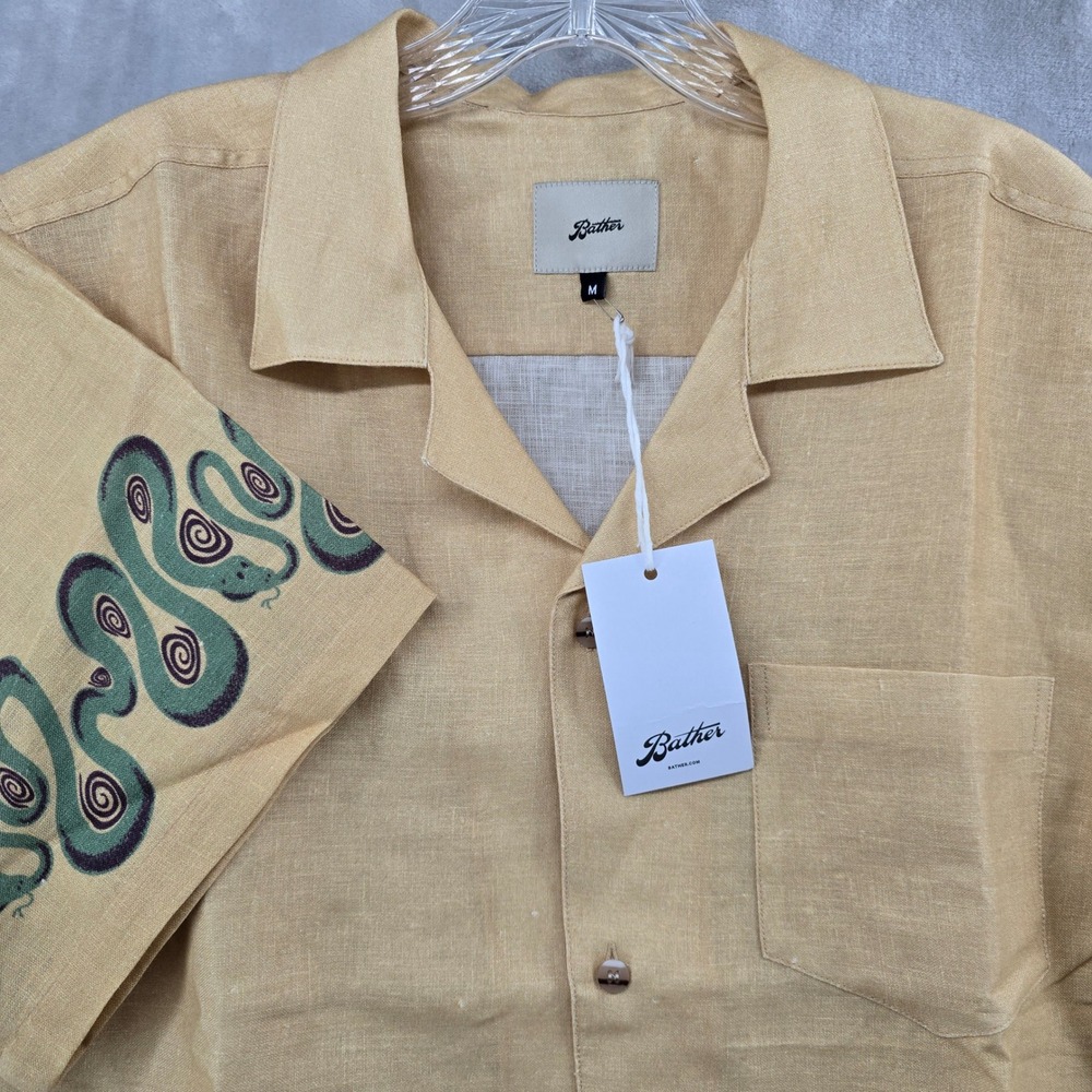 Bather Camp Shirt Mens Medium Yellow 100% Linen Snake Print Short Sleeve